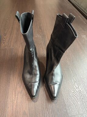 STAUD Black Leather Pointed-Toe Mid-Calf Women's Boots